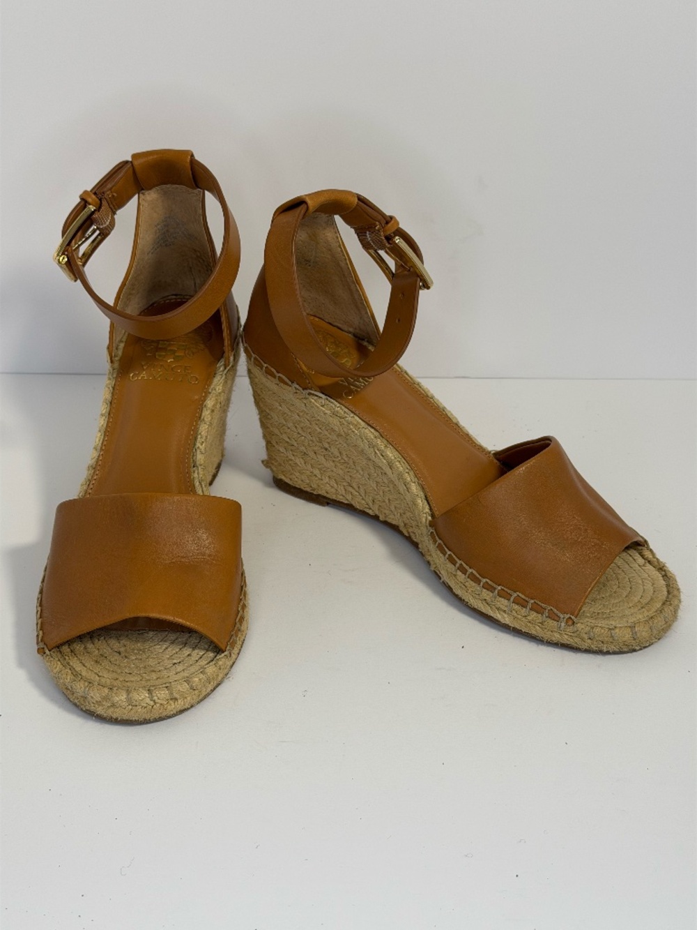 Vince Camuto Leera Cognac Brown Leather Espadrille Wedge Sandals Women's 7.5M 38